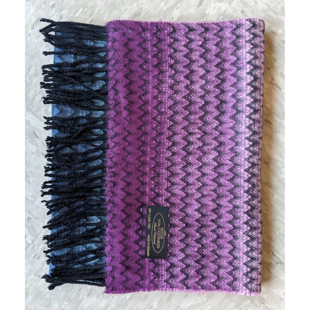 100% Cashmere Scarf Made in Germany Purple Blue Chevron Zigzag Fringe Ombre